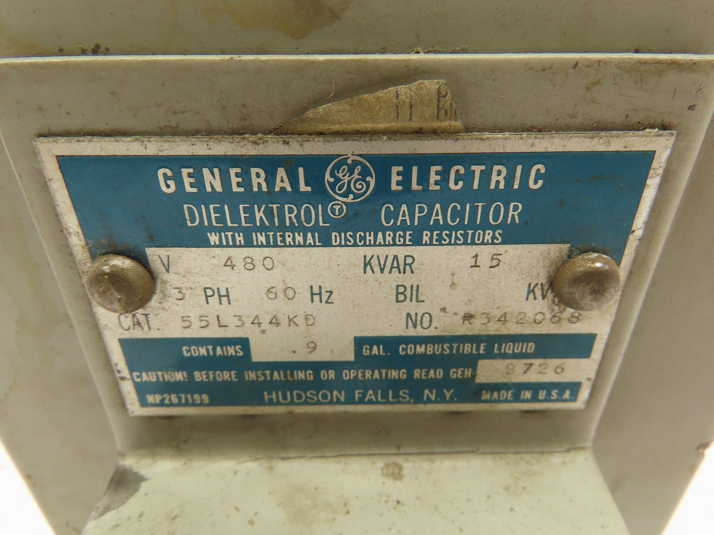 G E 55L344KD Dielektrol Capacitor w/Internal Discharge Resistors 480V 3PH NO LID