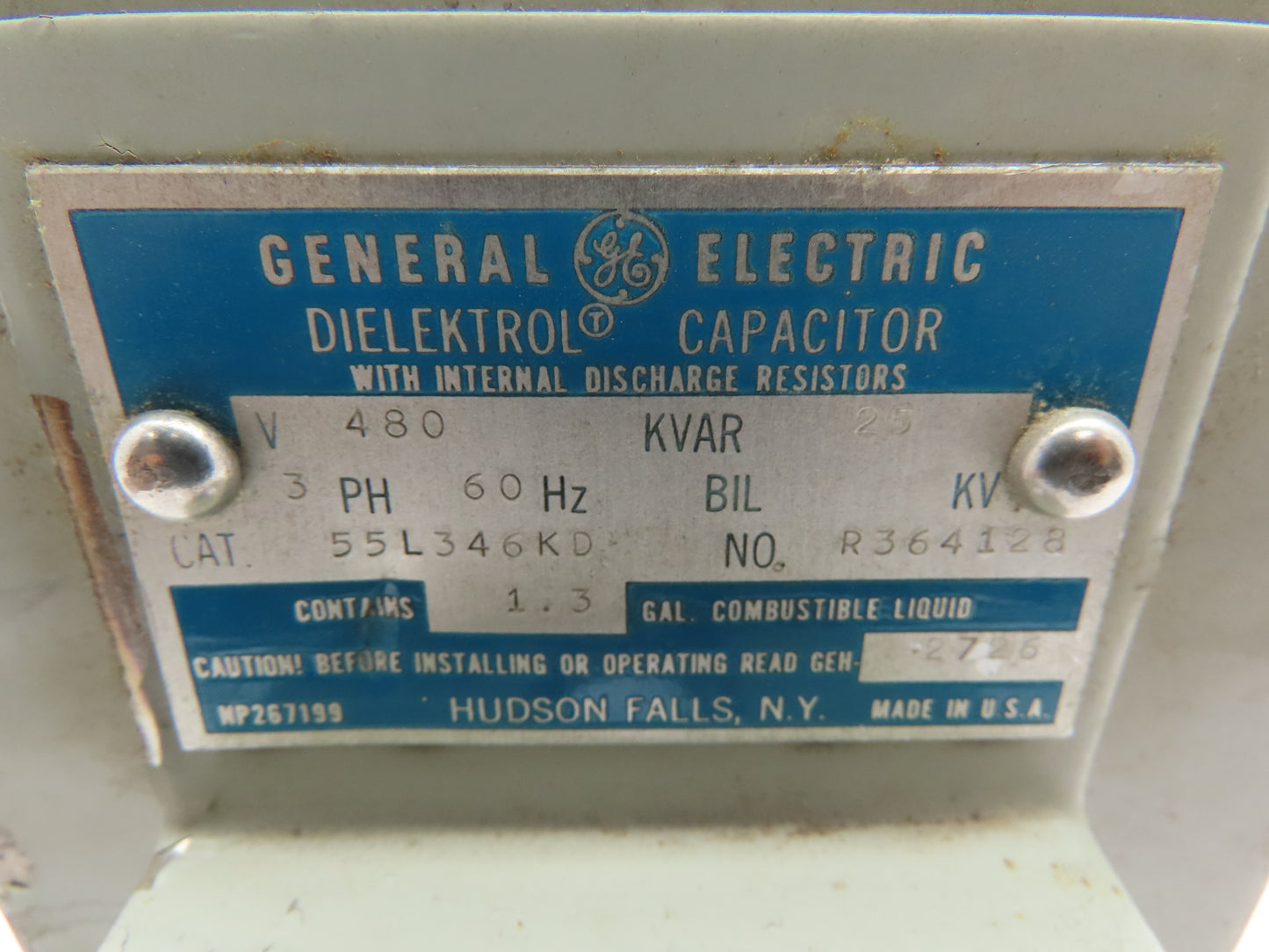 G E 55L346DK Dielektrol Capacitor w/Internal Discharge Resistors 480V 25KVAR 3PH