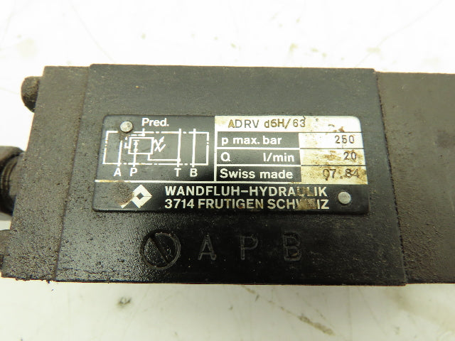 Wandfluh Hydraulik ADRVdB6H /63 Hydraulic Valve Adjustable Pressure MAX 250 BAR