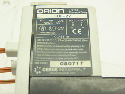 Cerus Industrial CTK-22 Orion Thermal Overload Relay 1.6-2.5A Man Reset Lot of 2