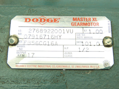 Dodge Master XL Gearmotor 1/2 Hp 101:1 Ratio 17 Rpm Output 3 Ph W/Brake