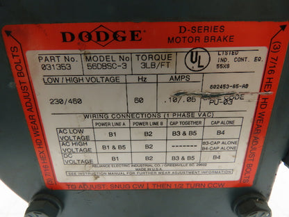Dodge Master XL Gearmotor 1/2 Hp 101:1 Ratio 17 Rpm Output 3 Ph W/Brake