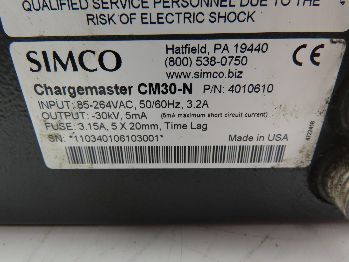 Simco CM30-N Chargemaster Industrial Electrostatic Generator 3.2A 264VAC 4010610