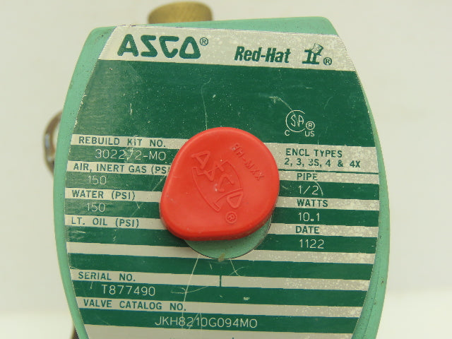 Asco JKH8210G094MO Pneumatic Solenoid Valve 150PSI 1/2"NPT 120V Coil w/Man Oper.