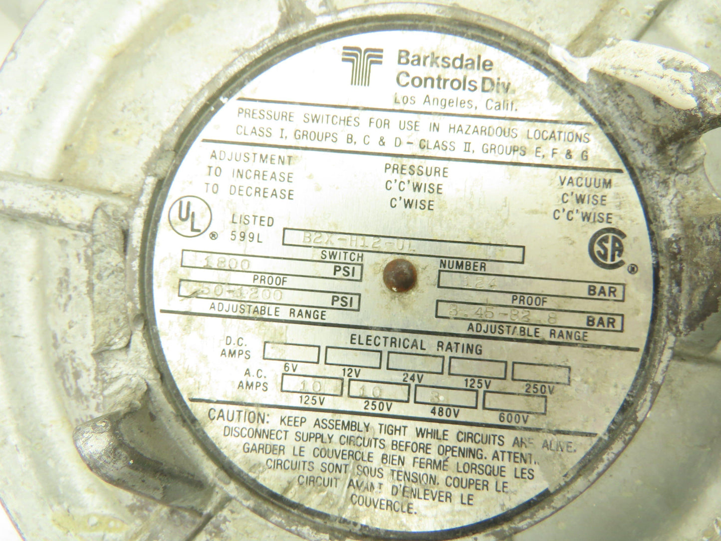 Barksdale B2X-H12-UL Pressure Switch 1800PSI Hazardous Location & 4.5"Wire Box