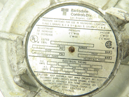 Barksdale B2X-H12-UL Pressure Switch 1800PSI Hazardous Location & 4.5"Wire Box