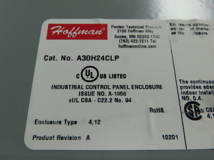 Hoffman A30H24CLP Junction Box Type 4 Encl. 30 x 24 x 10 In.(762 x 610 x 254 mm)