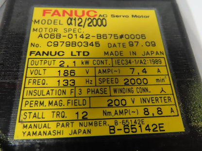Fanuc A12/2000 A06B-0142-B675#0006 Robot Servo Motor W/A860-0630-T201 Encoder