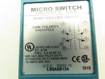 Micro Switch LSQA6B134 Heavy Duty Limit Switch w/Lever Arm 1-9/16" Roller 600V