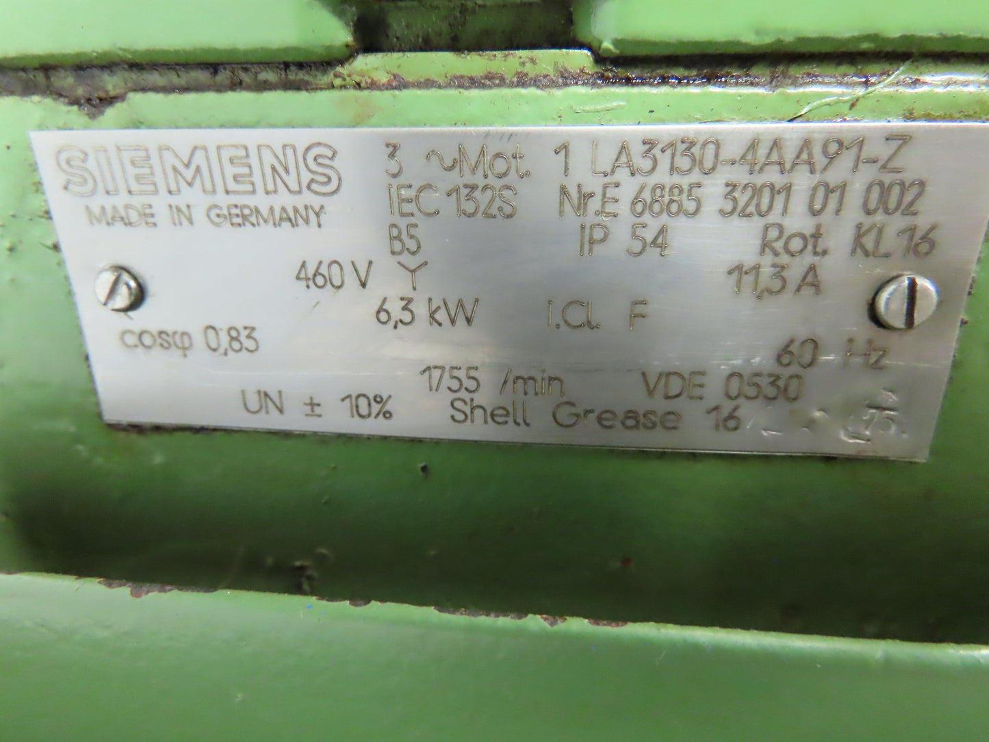 Siemens 1 LA3130-4AA91-Z Electric Motor 460V Y 6.3kW 8.4Hp 1755 RPM  IEC 132S