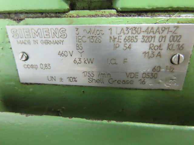 Siemens 1 LA3130-4AA91-Z Electric Motor 460V Y 6.3kW 8.4Hp 1755 RPM  IEC 132S
