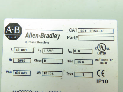 Allen Bradley 1321-3RA4-D 3 Phase Line Reactor L 12 mH Lf 4 Amp