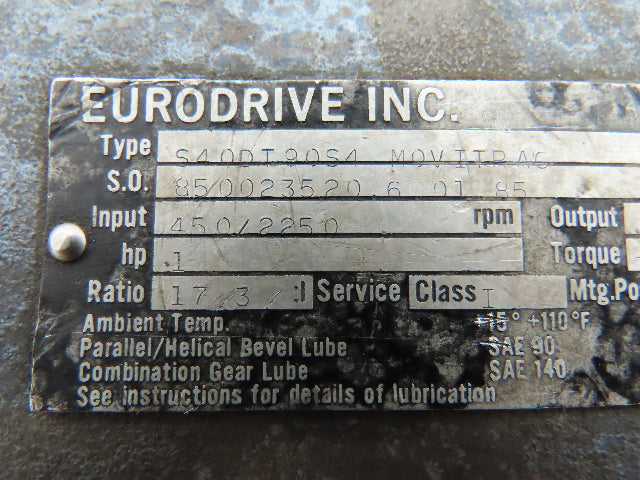 Sew-Eurodrive S40DT90S4 Gearmotor 1.5HP 2250RPM 460V 3PH 1"RH Shaft 17.3:1 Ratio