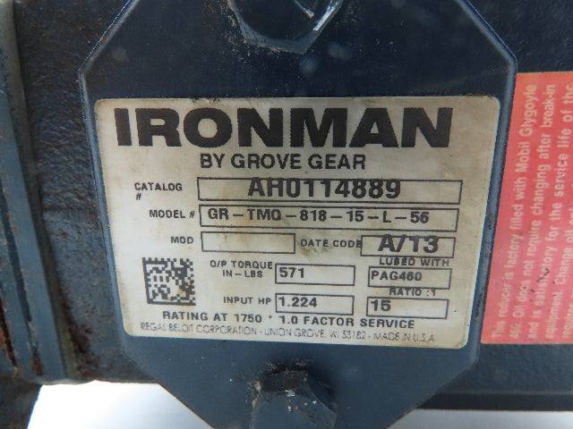 Baldor VBM3546-S Gearmotor Grove Gear 15:1 Reducer 116rpm 1Hp 460V 3PH 56C RH