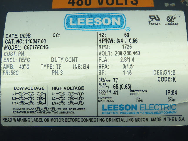 Iron Man HMQ818-15-H-56 Grove Gear 56C 15:1 Gearbox w/ Leeson 3/4 HP 480VAC 3Ø Motor