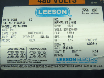 Iron Man HMQ818-15-H-56 Grove Gear 56C 15:1 Gearbox w/ Leeson 3/4 HP 480VAC 3Ø Motor