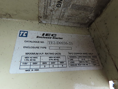 Shamrock Controls TE2-D0936 Reversing Motor Starter Coil 480VAC 1.6-2.5 Trip Amp