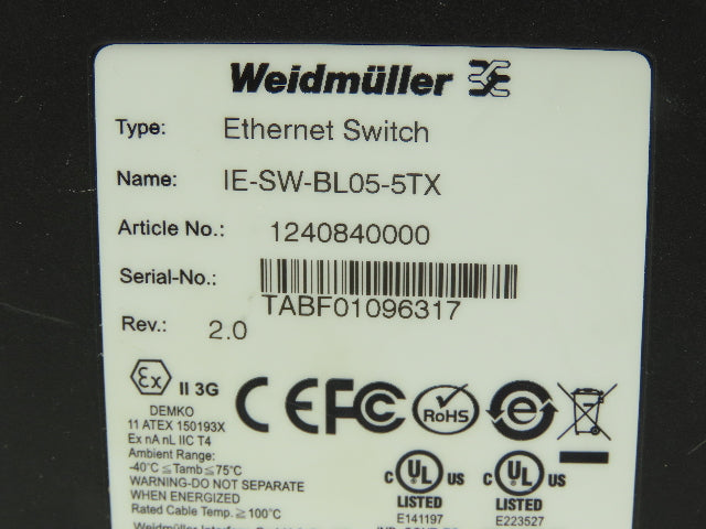 Weidmüller IE-SW-BLO5-5TX Rev 2.0 5 Port Network Switch 10/100M