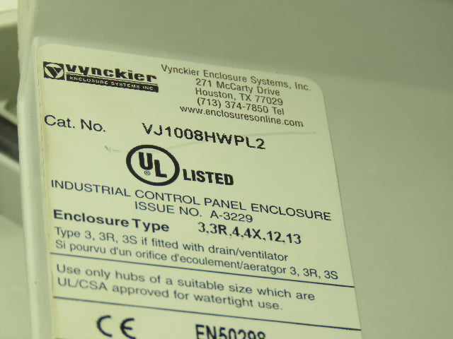 Vynckier VJ1008HWPL2 Fiberglass Sealed Enclosure W/ Stainless Back Plate