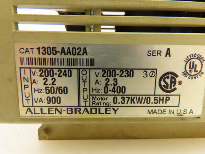 Allen Bradley 1305-AA02A Ser. A Motor Drive 0.37kw / 0.5HP 200-230V No Cover