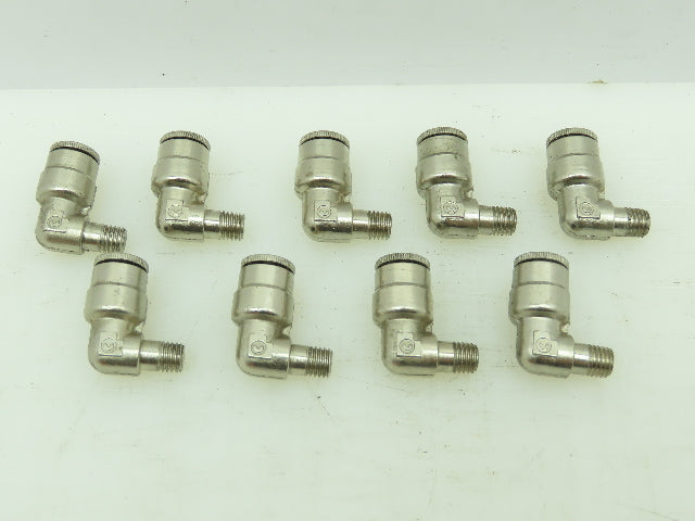 Nickel/Brass Push In 90° Male Elbow Air Fitting  1/4" Tube x 1/4" UNF Lot of 9
