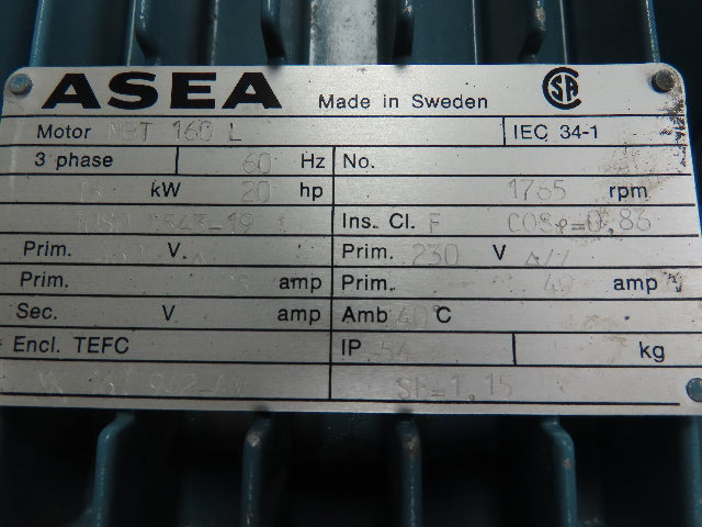 ABB Asea MBT 160L  20hp 15kw 1765rpm 230/460v 3ph Motor