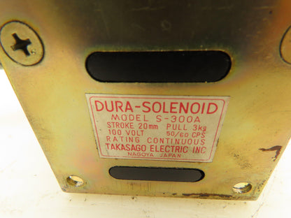 Takasago Electric S-300A Dura-Solenoid 100V Coil 20mm Stroke Continuous Rating