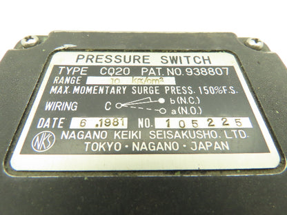 Nagano CQ20 Electric Pressure Switch Range 142PSI 10 kg/cm2   938807