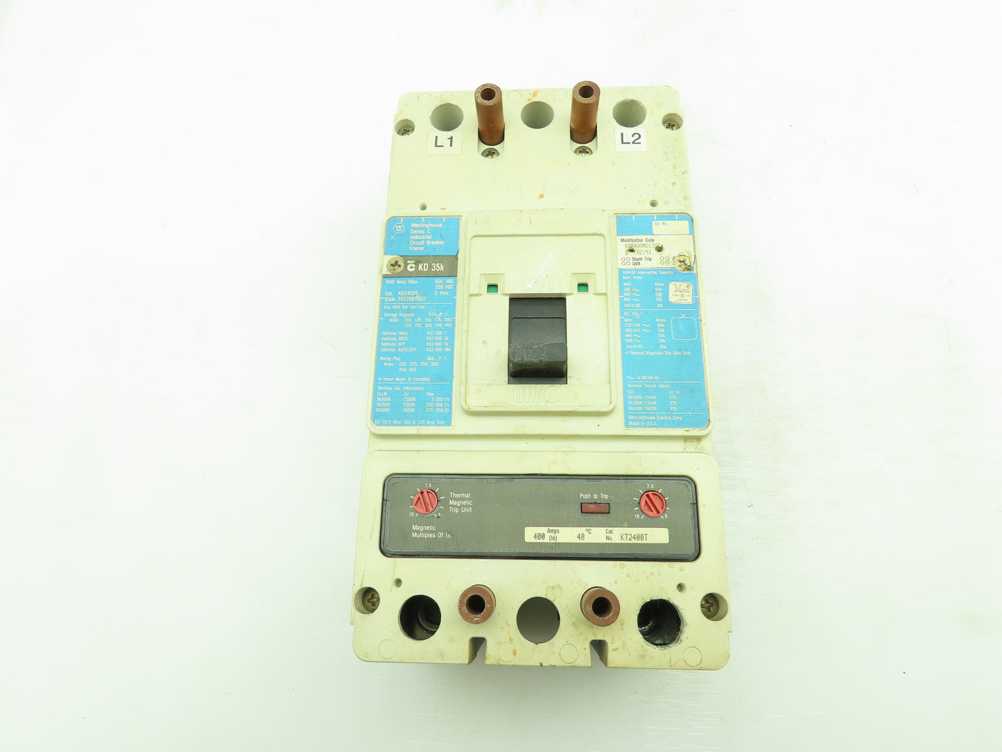 Westinghouse KD2400M01Z07 Industrial Circuit Breaker 2P 400A Thermal Trip
