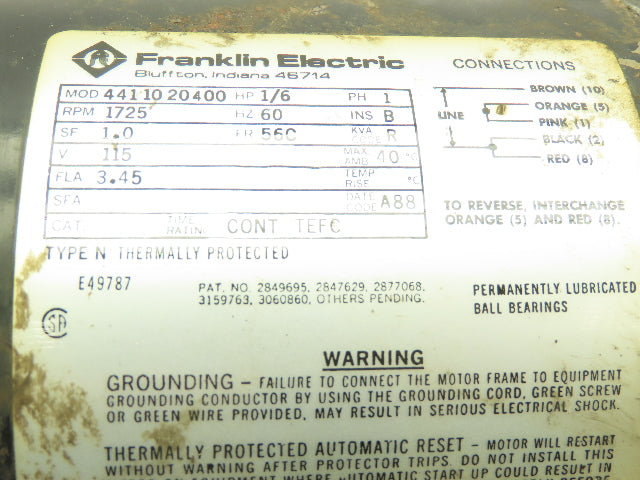 Franklin Electric 4411020400 Electric Motor 1/6HP 1725RPM  115V 5/8"Shaft 56C Fr