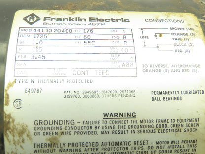 Franklin Electric 4411020400 Electric Motor 1/6HP 1725RPM  115V 5/8"Shaft 56C Fr