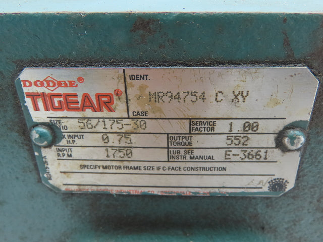 Tigear MR94754 Gearbox Reducer 30:1 Ratio 7/8"Left Hand Shaft w/Elec Motor 3/4HP