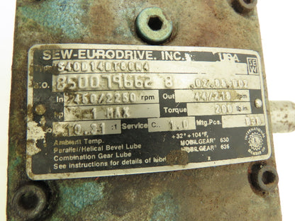 Sew S40D14DT80N4 Varimot Variable Gearmotor 10.31 Reducer 44-218 RPM 460V 3PH RH