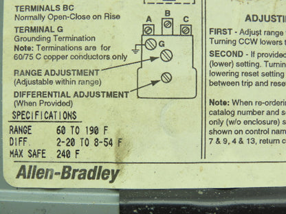 Allen-Bradley 837-A4JX706 Temperature Control Temp Controller 60-190° F  Ser A