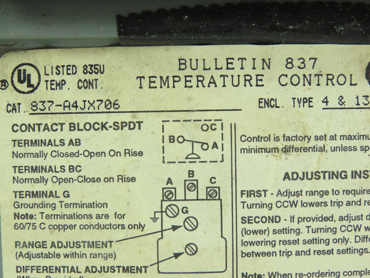 Allen-Bradley 837-A4JX706 Temperature Control Temp Controller 60-190° F  Ser A