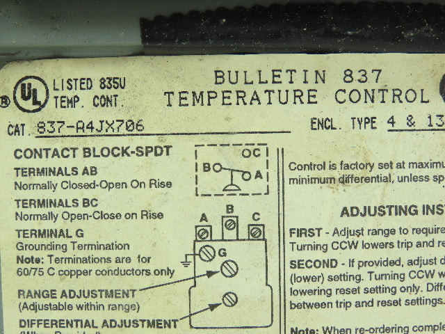 Allen-Bradley 837-A4JX706 Temperature Control Temp Controller 60-190° F  Ser A