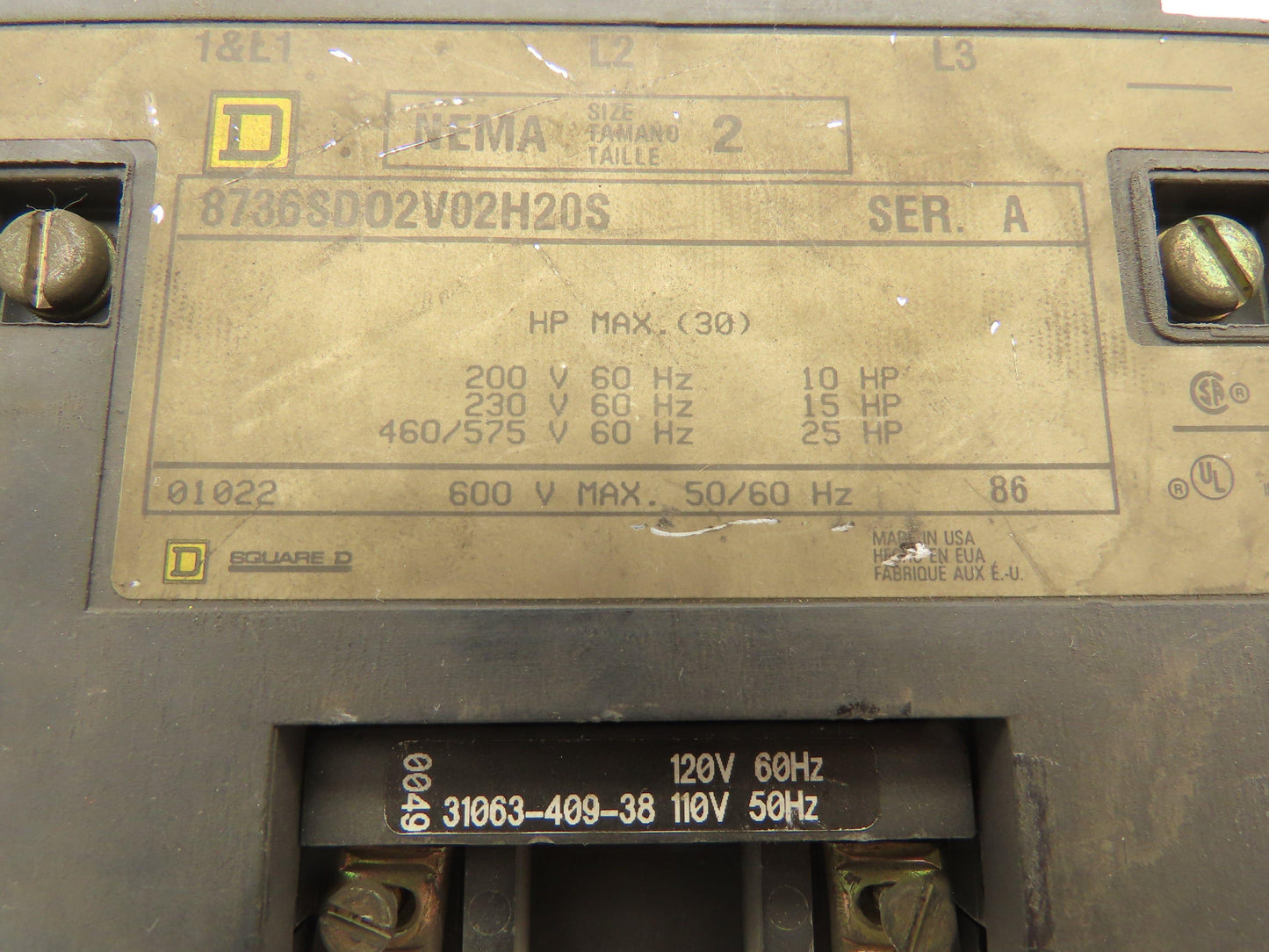 Square D 8736SDO2V02H20S Ser A Motor Starter 600V 110/120V Coil NEMA Sz 2 3-Pole