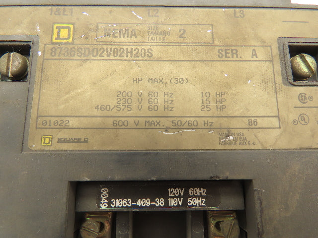 Square D 8736SDO2V02H20S Ser A Motor Starter 600V 110/120V Coil NEMA Sz 2 3-Pole