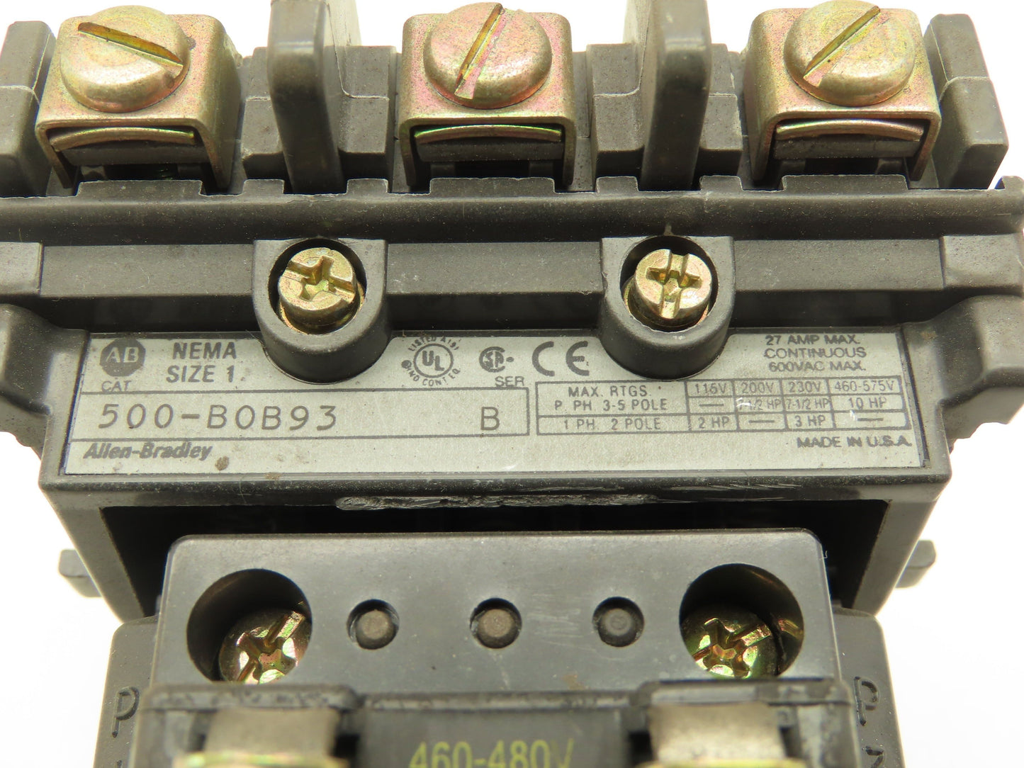 Allen Bradley 500-B0B93 500-BOB93 Ser B Motor Starter 600V NEMA 1 460/480V Coil
