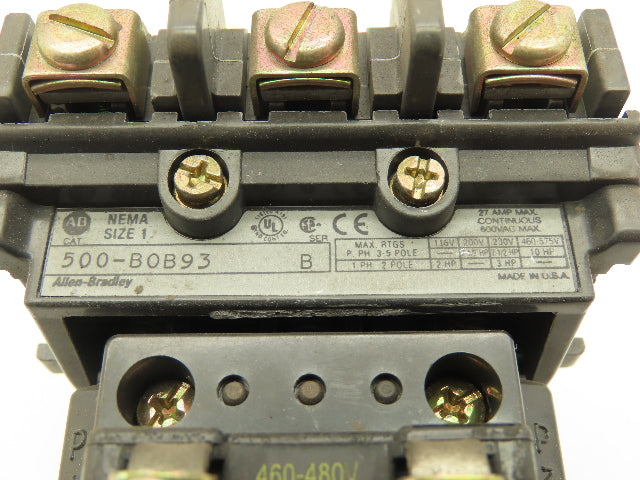 Allen Bradley 500-B0B93 500-BOB93 Ser B Motor Starter 600V NEMA 1 460/480V Coil