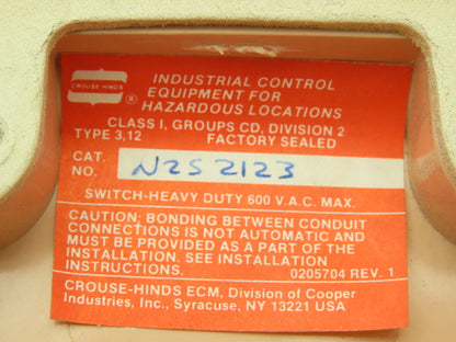 CROUSE-HINDS N2S 2123 Control Station 3 Position 2 Circuit Selector Switch