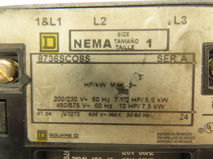 Square D 8736SCO8S Ser A Motor Starter 600V 10HP NEMA Size 1  110/120V Coil
