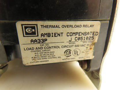 Cutler Hammer AA33P Thermal Overload Relay Ambient Compensated Model J 600V 3-P