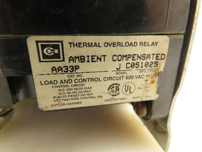 Cutler Hammer AA33P Thermal Overload Relay Ambient Compensated Model J 600V 3-P