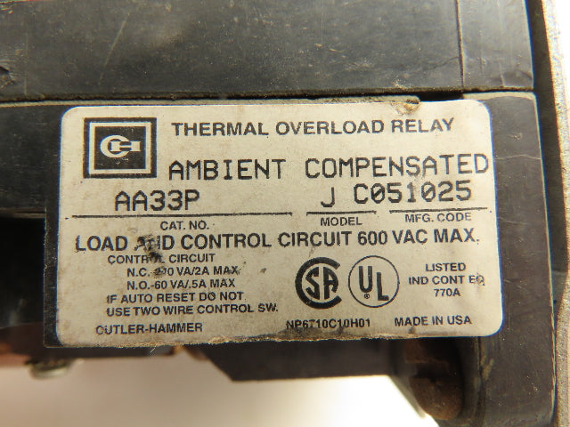 Cutler Hammer AA33P Thermal Overload Relay Ambient Compensated Model J 600V 3-P