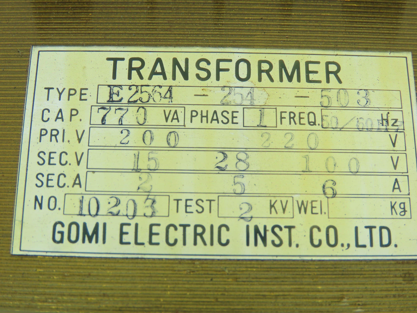 Gomi E2564-254-503 Transformer 200/220VAC Pri 15-28-100/110V Sec. 770VA 1 Ph