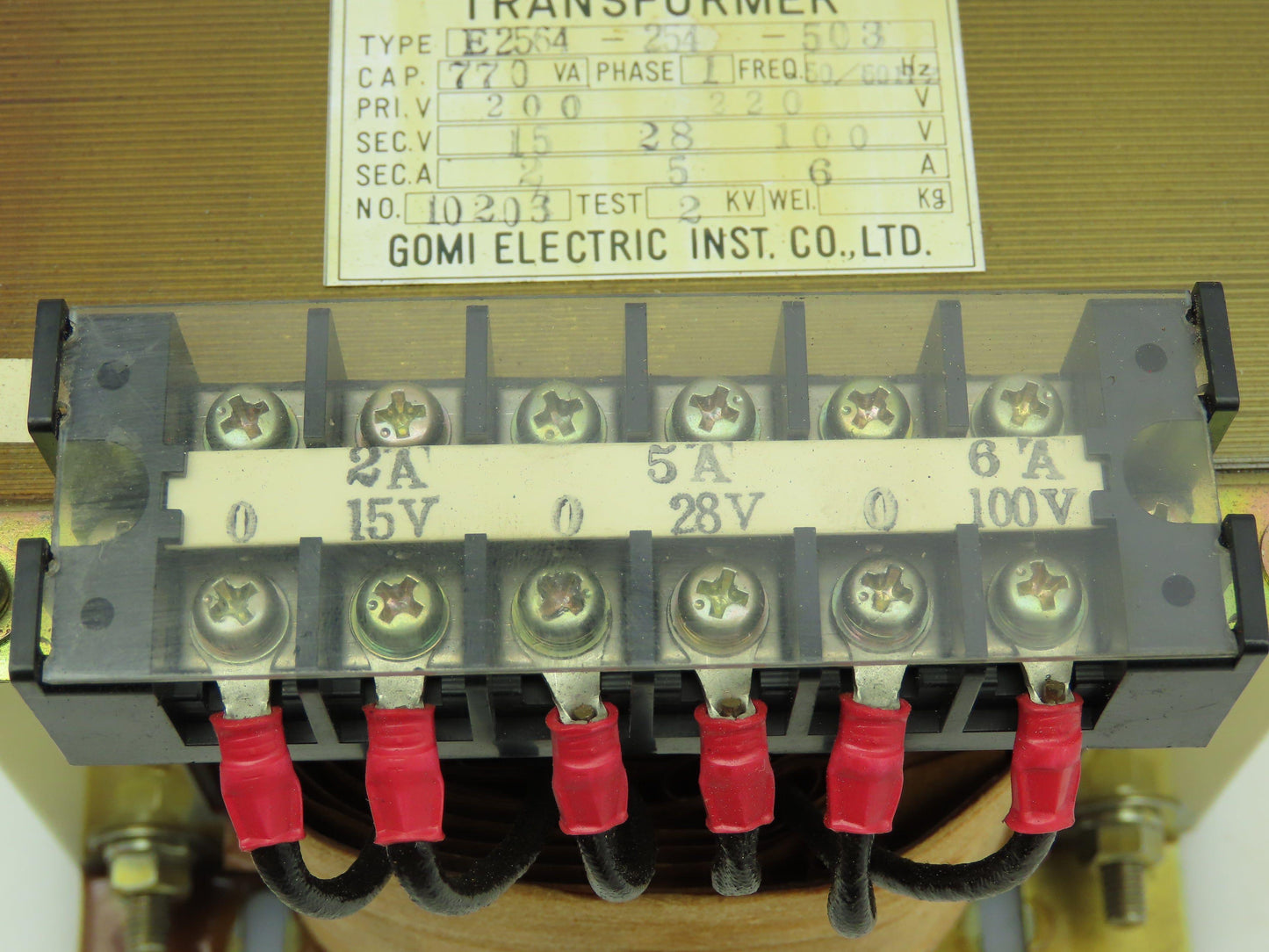 Gomi E2564-254-503 Transformer 200/220VAC Pri 15-28-100/110V Sec. 770VA 1 Ph