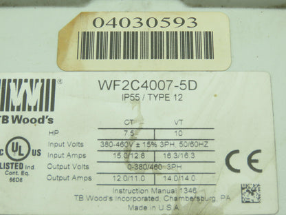 T B Woods WF2C4007-5D AC Drive Sensorless Vector Drive 7.5HP 460V WF2 E-Trac