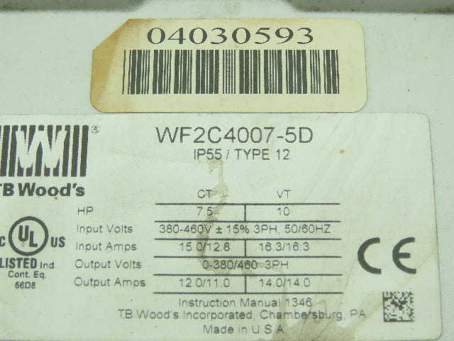 T B Woods WF2C4007-5D AC Drive Sensorless Vector Drive 7.5HP 460V WF2 E-Trac
