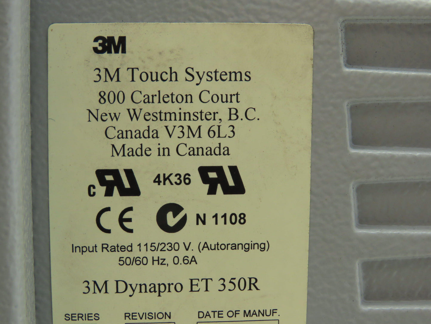 3M 350R DYNAPRO ET 350R Ser A Rev 1.0 115/230V Input Touch Screen System HMI